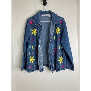 Vintage Floral Embroidered Denim Jacket • Cottagecore Boho Artsy Jean Jacket L